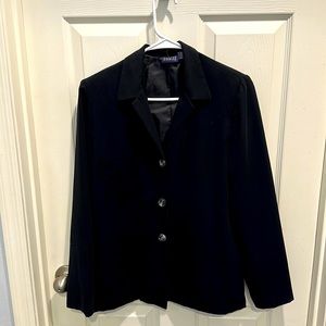 Black three button down suit jacket with marble buttons
